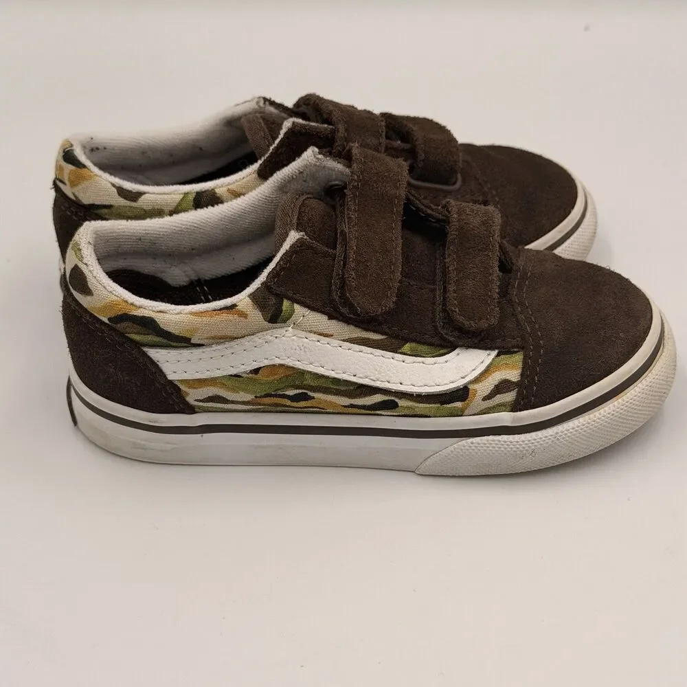 Vans Old Skool V Toddler 9 Painted Camo Brown Suede Hook & Loop Sneakers Shoes